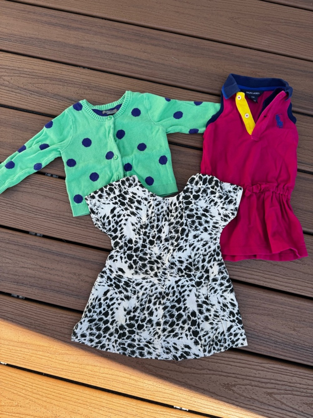 Ralph Lauren Pink Polo Dress with Green Polka Dot Cardigan and Black-White Dress